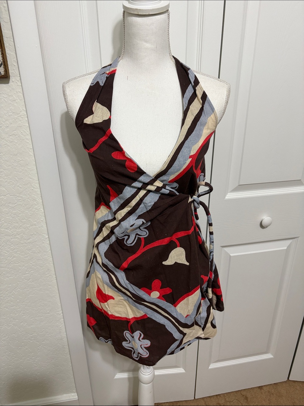 Brown Halter Wrap Mini Dress with Red & Cream Floral Print